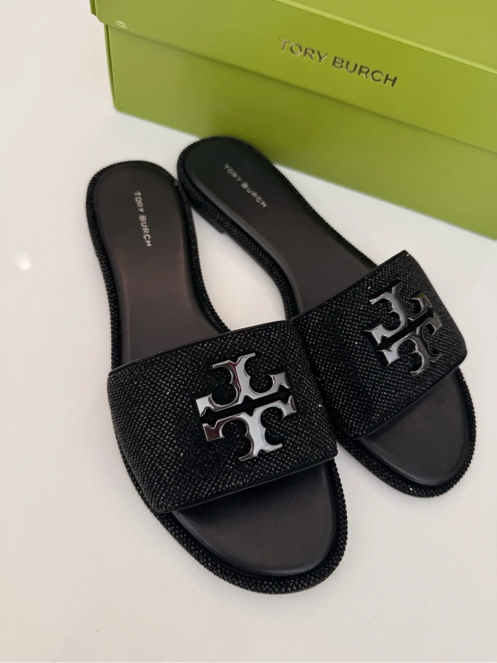 Tory Burch Everly Crystal Slide Sandals‎ Black Women’s RUNS SMALL Size 9